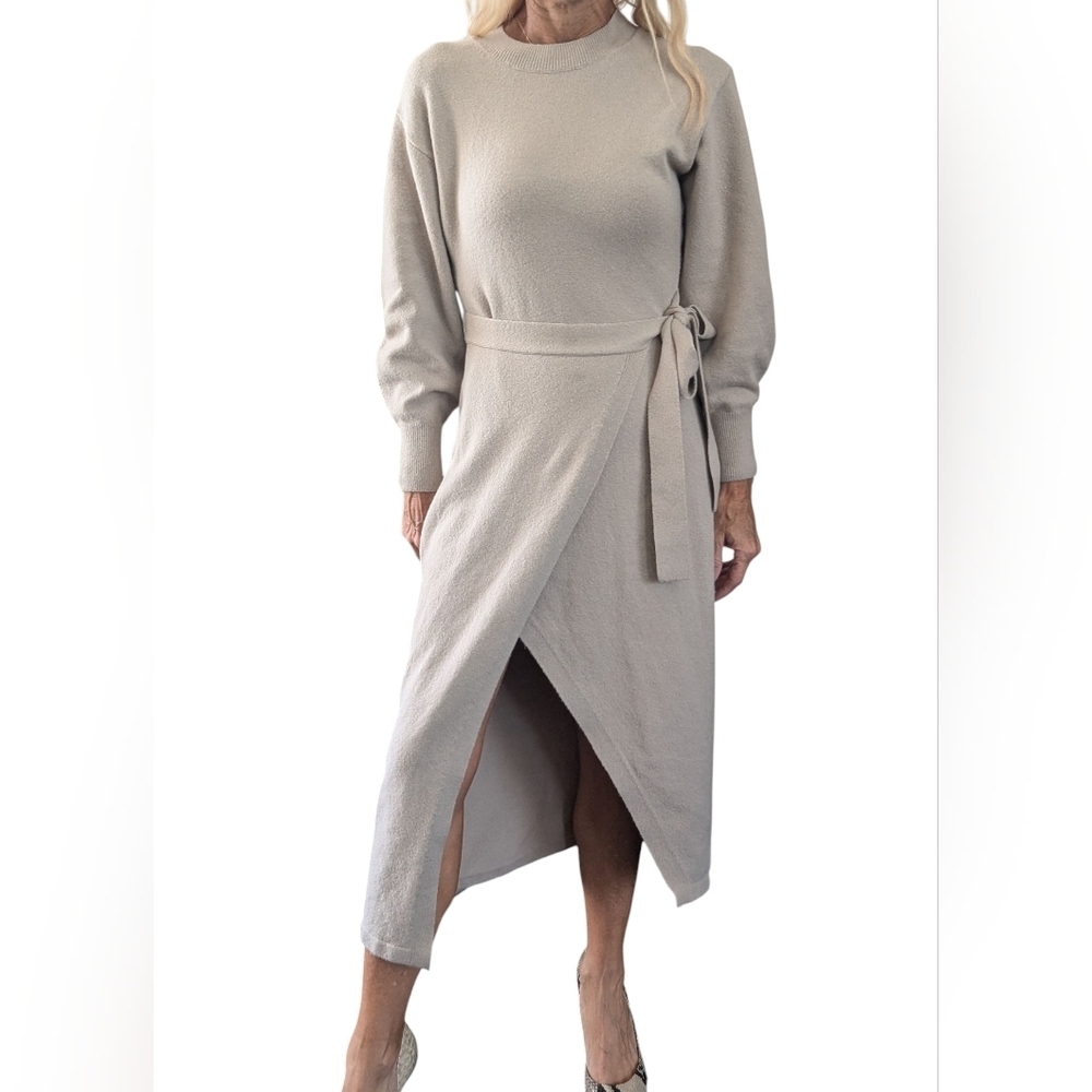 & Other Stories Knit Wrap Midi Dress XS Beige Tie Waist Crew Neck